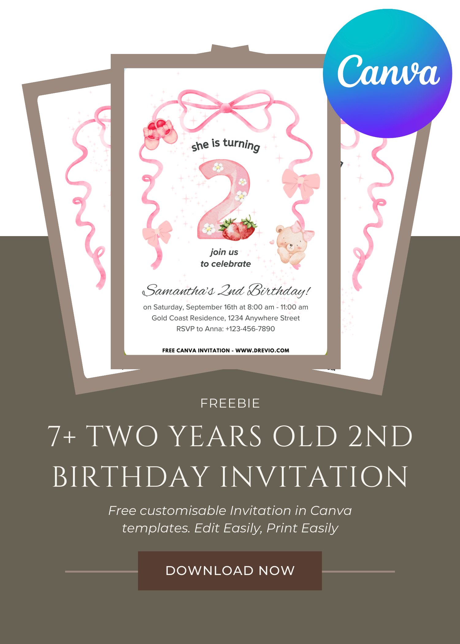 FREE Pink Ribbon 2nd Girl Birthday Invitation Template