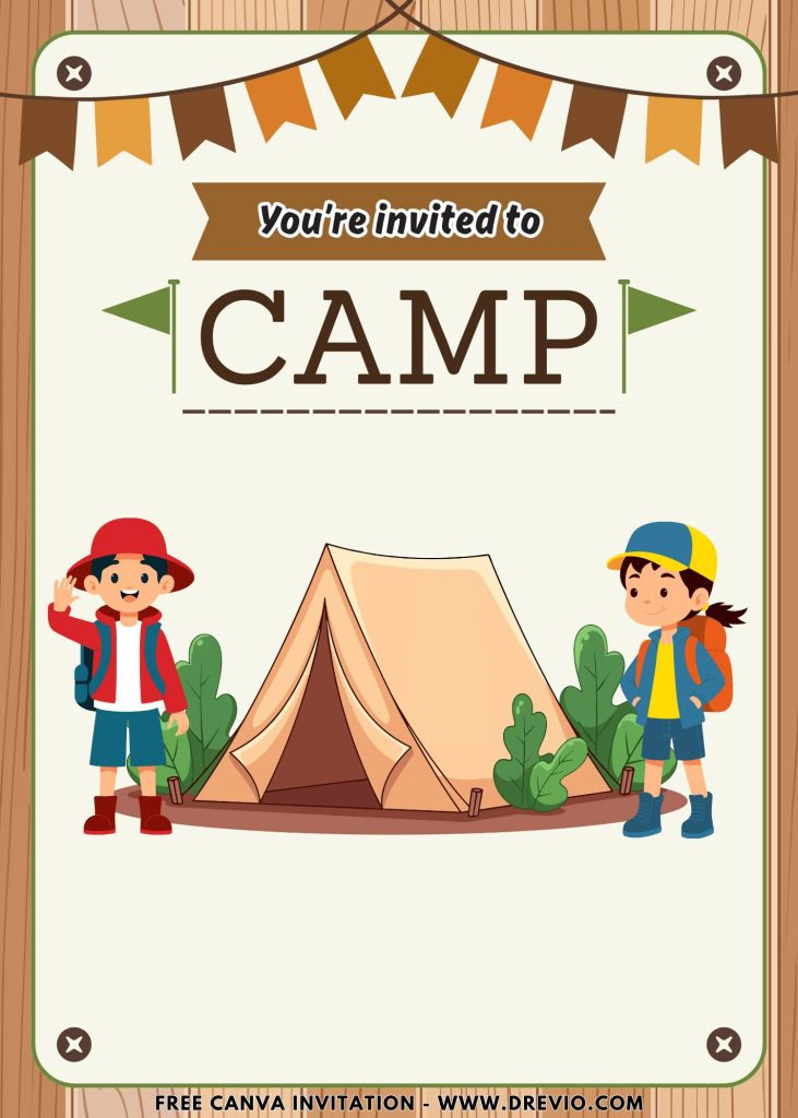 Free and Editable Summer Holiday Camp Tent Invitation Templates Made in Canva. Customize Online for free