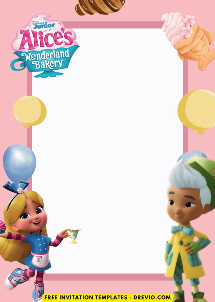 Free and Editable Lovely Cartoon Alice in Wonderland Bakery Factory Movie Invitation Templates Made in Canva. Customize Online for free