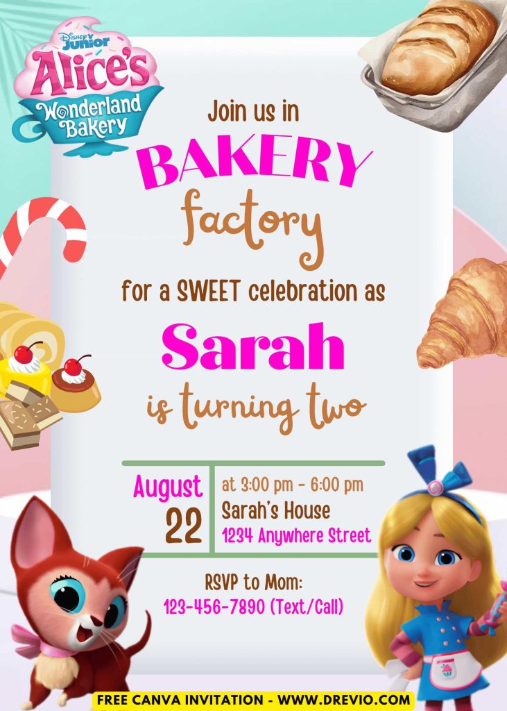 Free and Editable Yummy Alice In Wonderland Bakery Invitation Templates Made in Canva. Customize Online for free