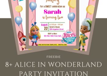 Free and Editable Alice in Wonderland Bakery Factory Invitation Templates Made in Canva. Customize Online for free
