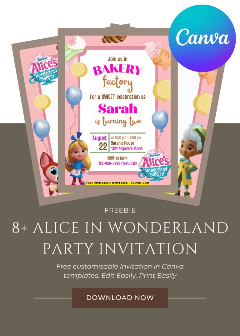 Free and Editable Alice in Wonderland Bakery Factory Invitation Templates Made in Canva. Customize Online for free