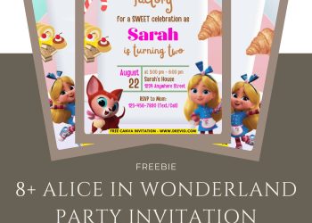 Free and Editable Whimsical Alice In Wonderland Invitation Templates Made in Canva. Customize Online for free