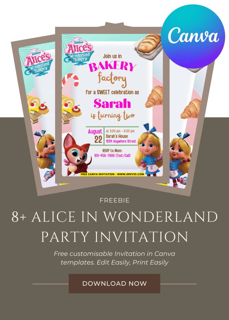 Free and Editable Whimsical Alice In Wonderland Invitation Templates Made in Canva. Customize Online for free
