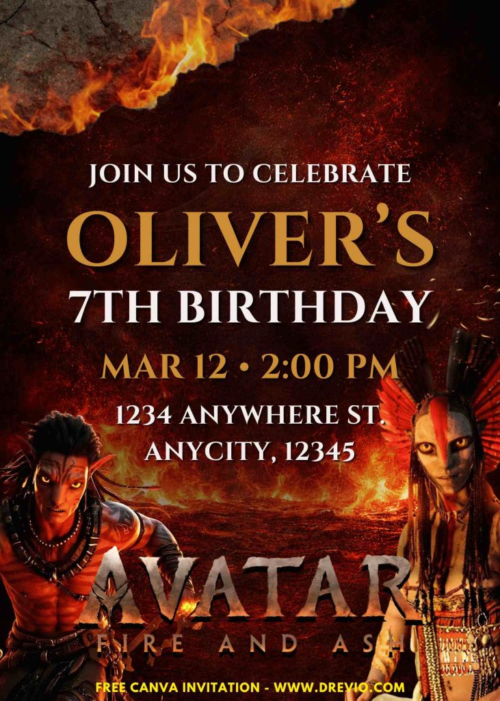 Free and Editable Avatar Fire And Ash Varang Invitation Templates Made in Canva. Customize Online for free