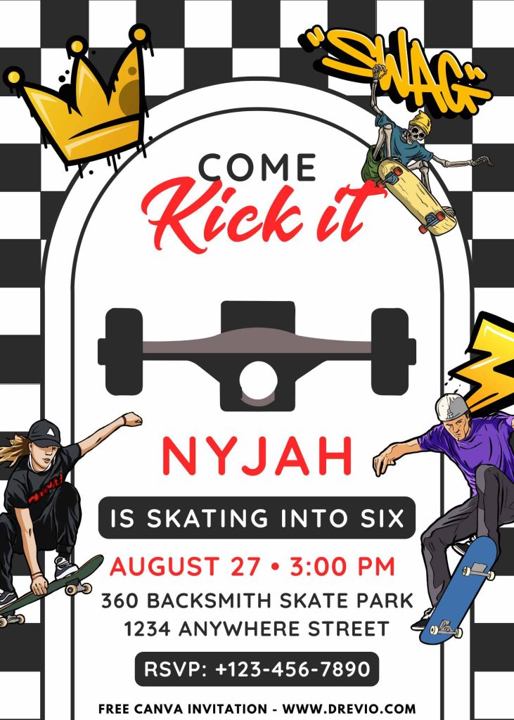Free and Editable Kickflip Skateboard Invitation Templates Made in Canva. Customize Online for free