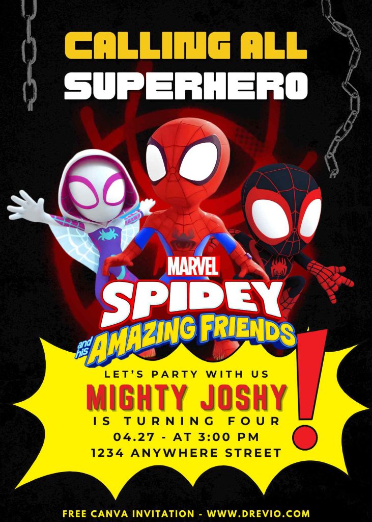 Free and Editable Ultimate Spidey And Friends Party Invitation Templates Made in Canva. Customize Online for free