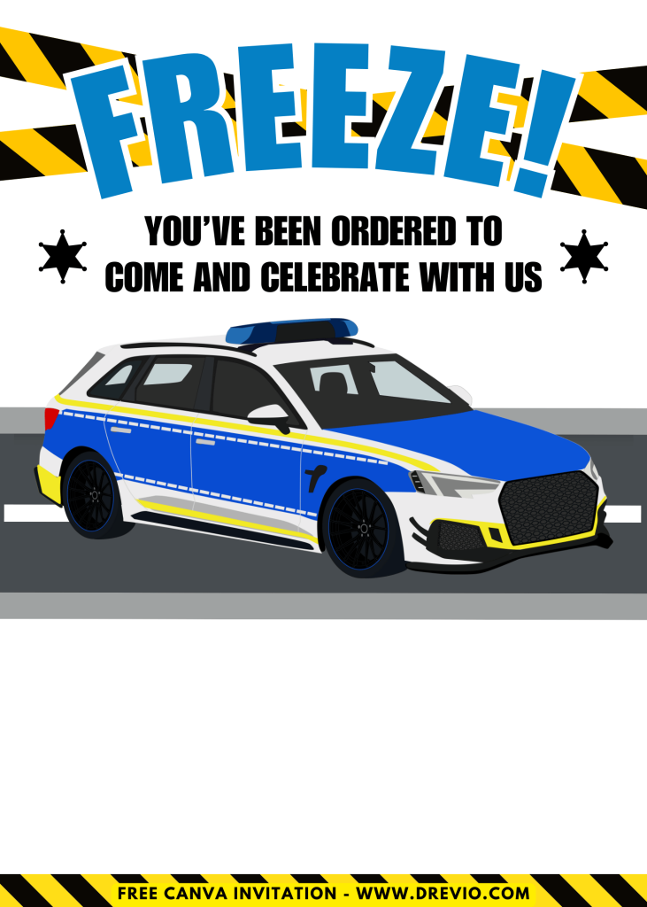 Free and Editable Cartoon Police Officer Patrol Invitation Templates Made in Canva. Customize Online for free