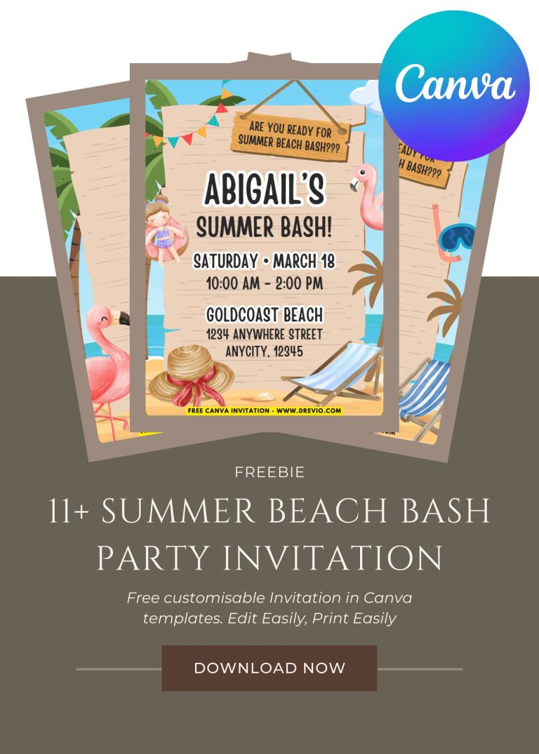 Free and Editable Cute Tropical Summer Beach Bash Invitation Templates Made in Canva. Customize Online for free