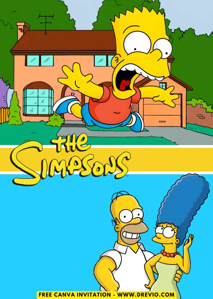 Free and Editable Funny Simpsons Jumping Bart Invitation Templates Made in Canva. Customize Online for free