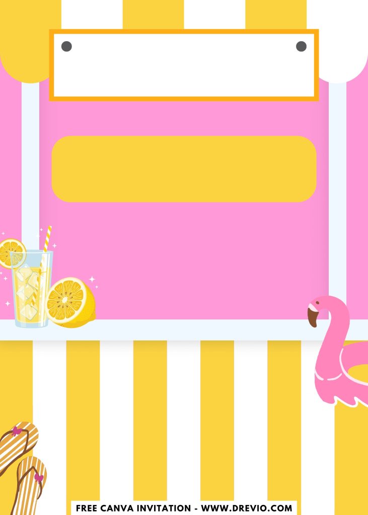 Free and Editable Pink Flamingo And Yellow Lemonade Stand Invitation Templates Made in Canva. Customize Online for free