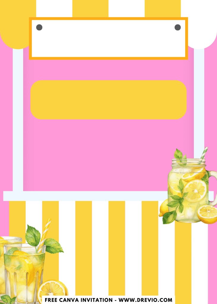 Free and Editable Cute Summer Lemonade Stand Invitation Templates Made in Canva. Customize Online for free