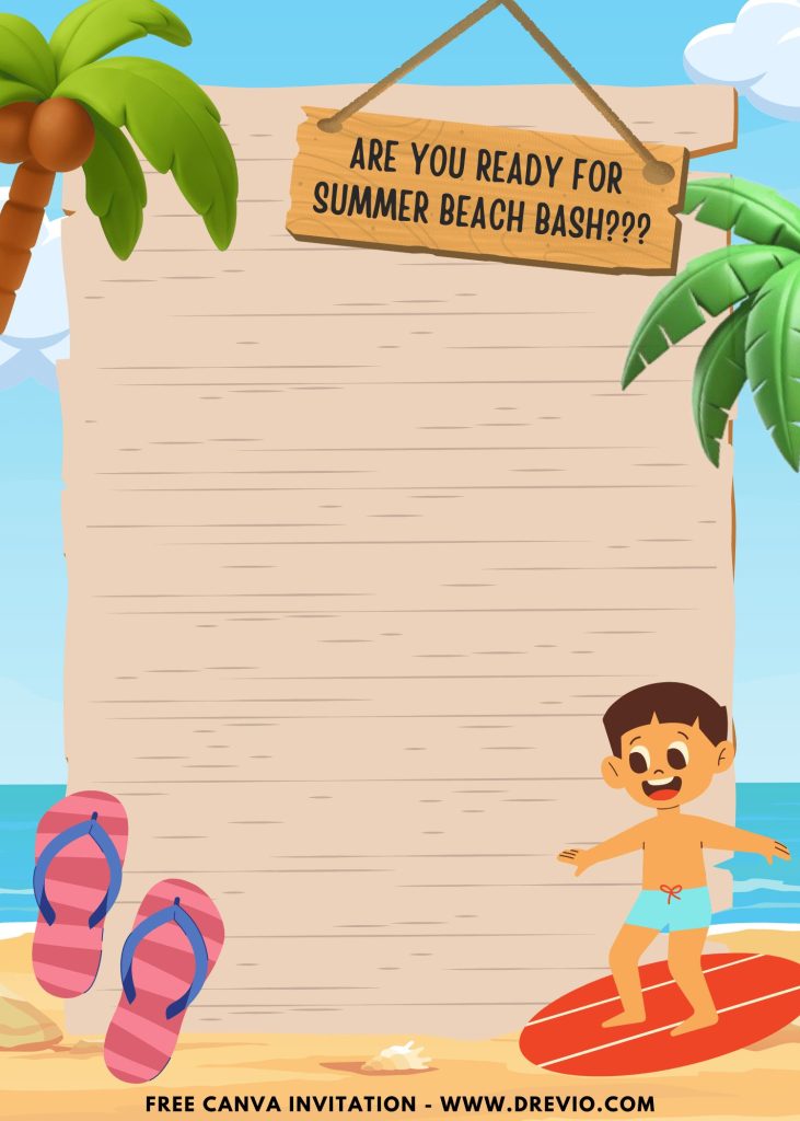 Free and Editable Summer Beach Bash Kids Birthday Invitation Templates Made in Canva. Customize Online for free