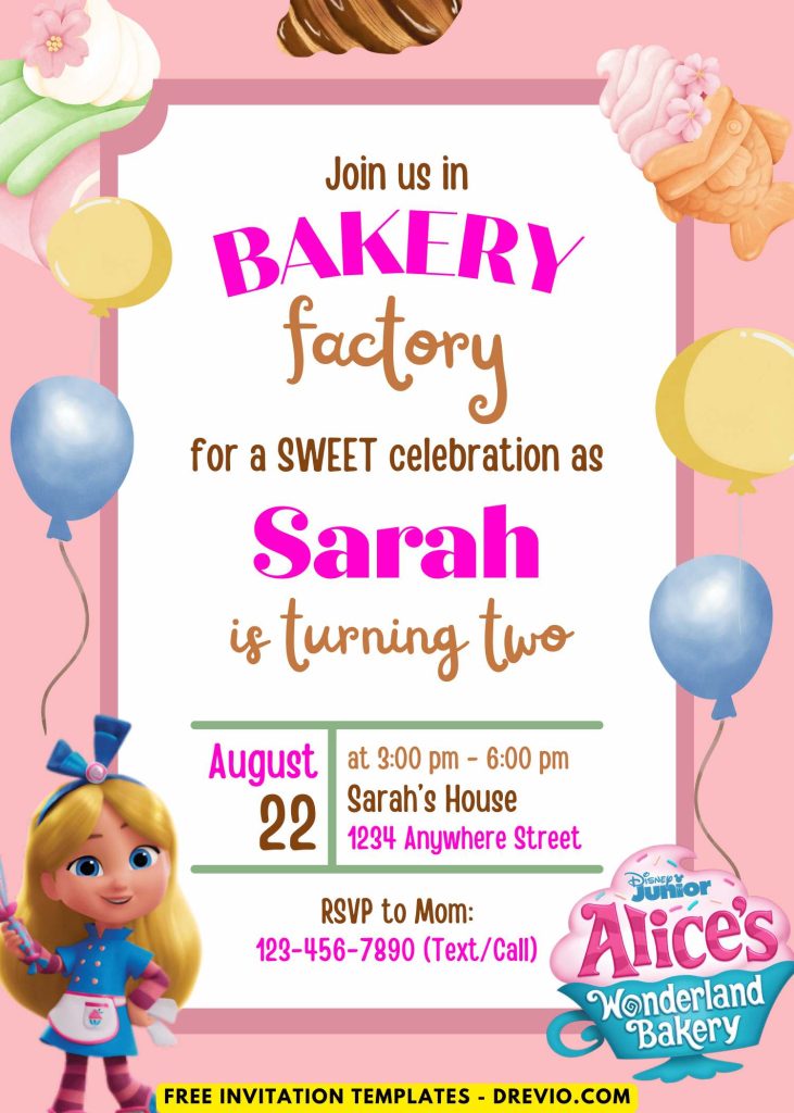Free and Editable Cute Alice in Wonderland Bakery Factory Invitation Templates Made in Canva. Customize Online for free