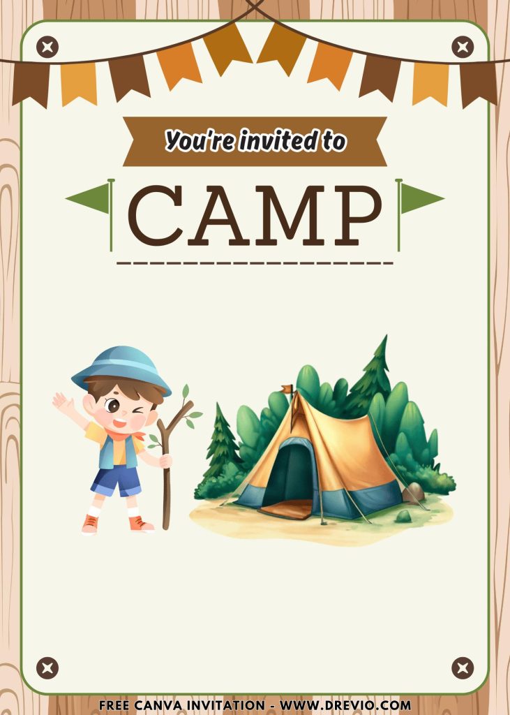 Free and Editable Happy Camping Kids Invitation Templates Made in Canva. Customize Online for free