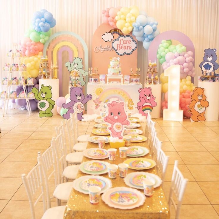 Care Bears Canva invitation template decorated with pastel hearts, colorful stars, rainbow stripes, and adorable bear characters