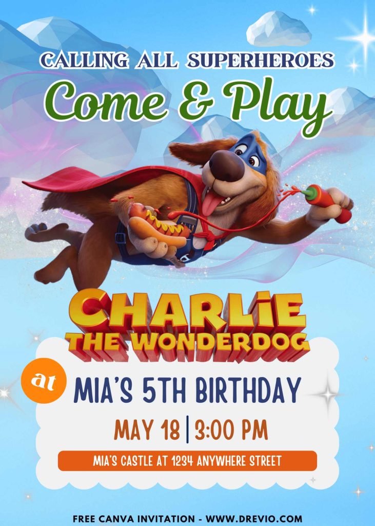 Free and Editable Charlie The Wonderdog Movie Invitation Templates Made in Canva. Customize Online for free