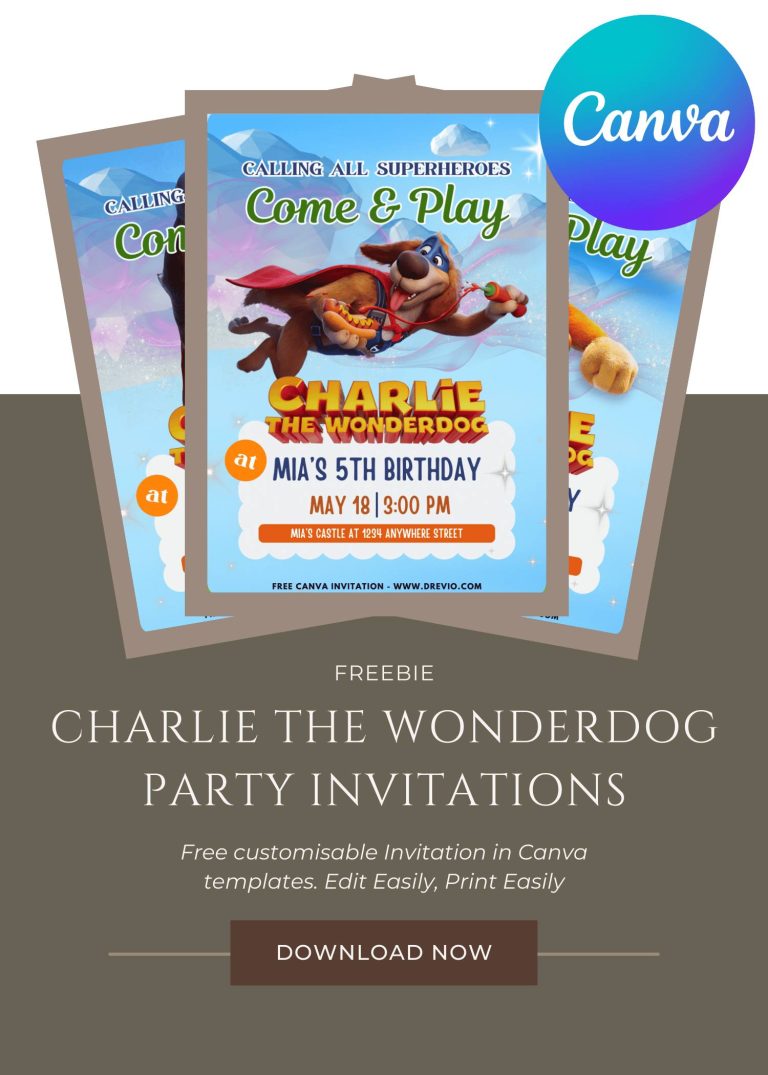 Free and Editable Charlie The Wonderdog Invitation Templates Made in Canva. Customize Online for free
