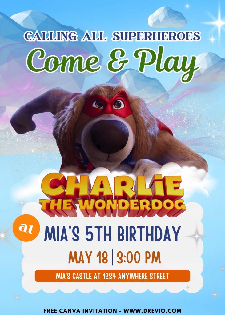 Free and Editable Superhero Charlie The Wonderdog Invitation Templates Made in Canva. Customize Online for free