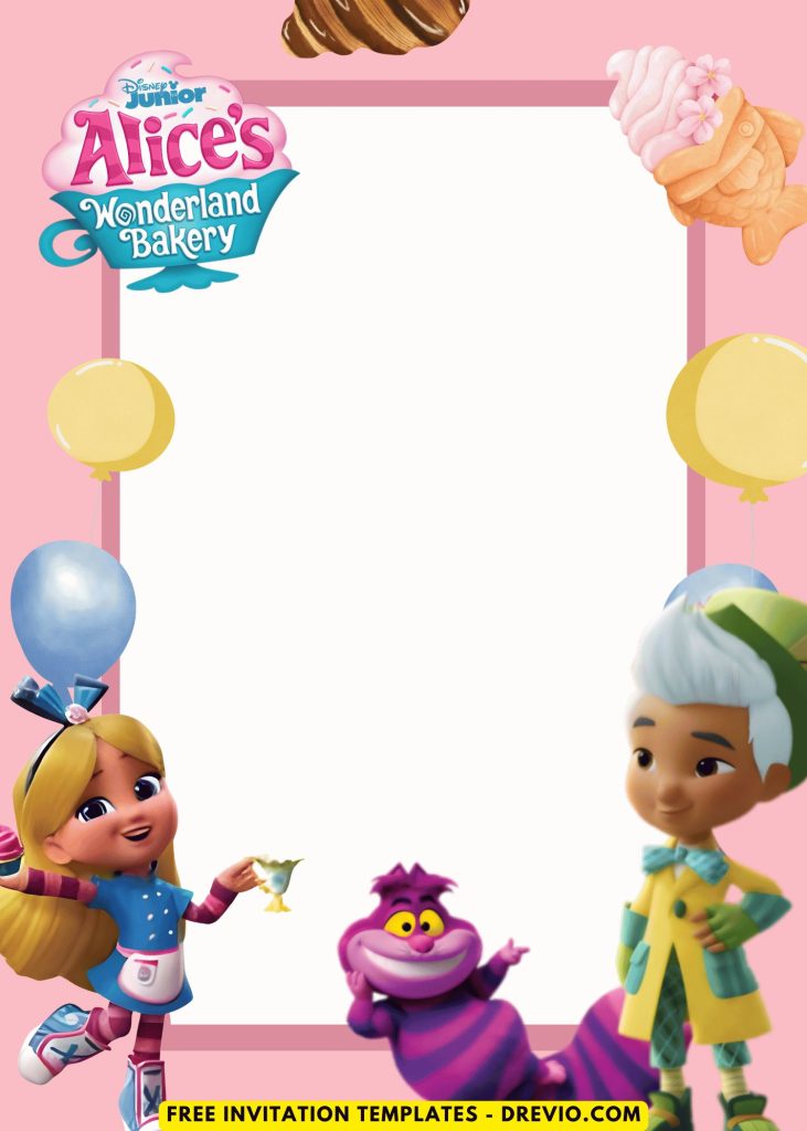 Free and Editable Lovely Cute Cheshire Cat and Alice in Wonderland Bakery Factory Invitation Templates Made in Canva. Customize Online for free