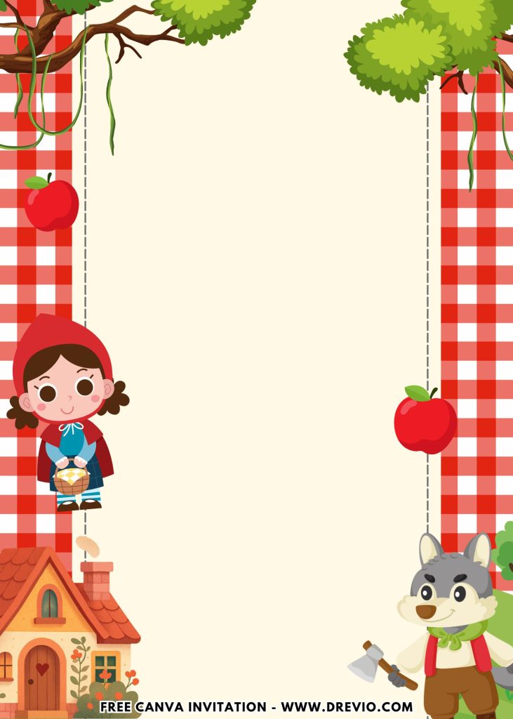 Free and Editable Little Red Riding Hood Village Invitation Templates Made in Canva. Customize Online for free
