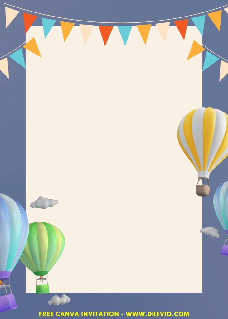 Free and Editable Festive Hot Air Balloon Adventure Invitation Templates Made in Canva. Customize Online for free