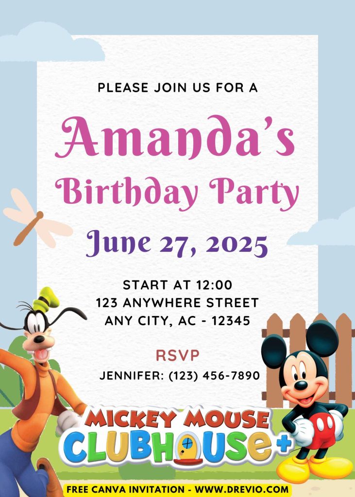 Free and Editable Mickey Mouse Clubhouse Invitation Templates Made in Canva. Customize Online for free