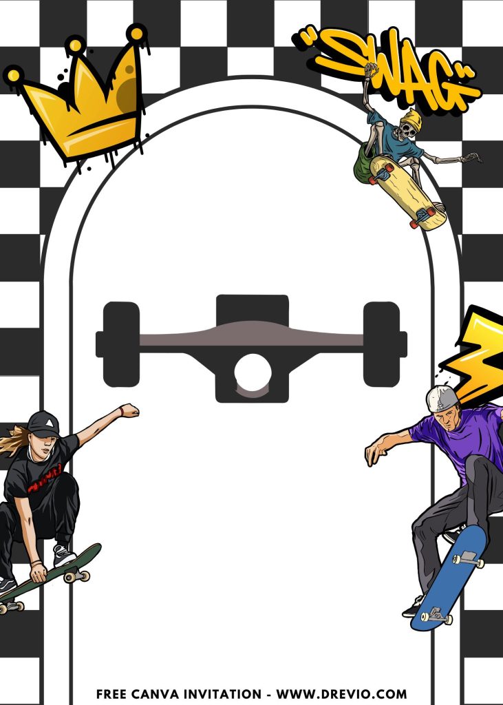 Free and Editable Awesome Kickflip Skateboard Invitation Templates Made in Canva. Customize Online for free