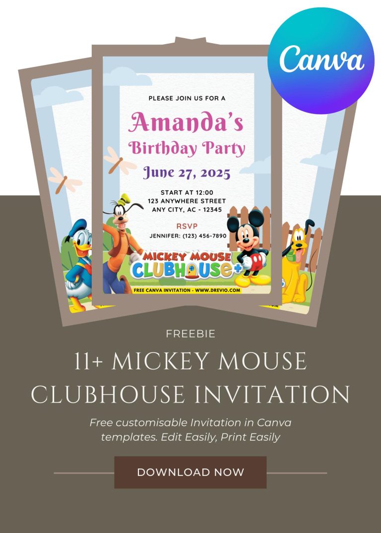 Free and Editable Adorable Mickey Mouse Clubhouse Invitation Templates Made in Canva. Customize Online for free