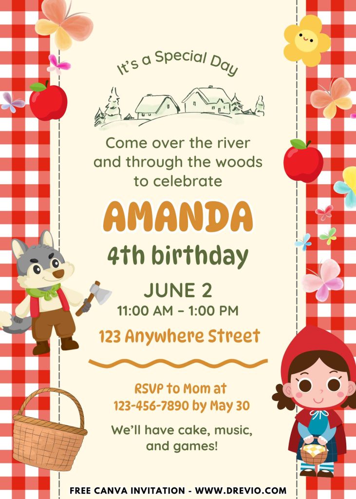 Free and Editable Fairytale Red Riding Hood Invitation Templates Made in Canva. Customize Online for free