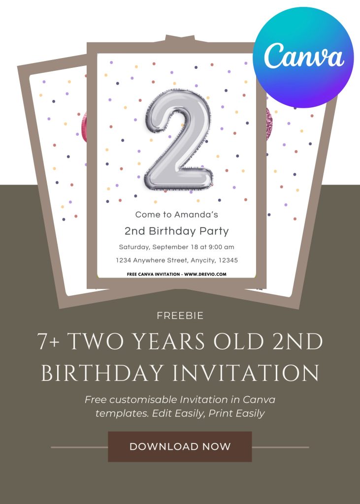 Free and Editable Cute Polka Dot 2nd Birthday Invitation Templates Made in Canva. Customize Online for free