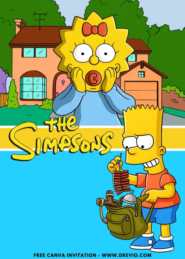 Free and Editable Funny Simpsons Maggie and Bart Invitation Templates Made in Canva. Customize Online for free