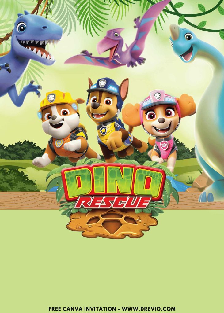 Free and Editable PAW Patrol in the Jurassic Park Jungle Birthday Invitation Templates Made in Canva. Customize Online for free