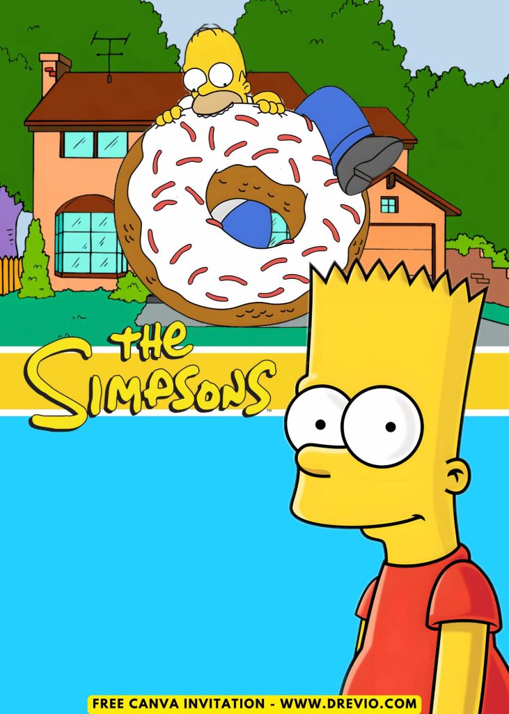 Free and Editable Funny Simpsons Homer eating Donut Invitation Templates Made in Canva. Customize Online for free