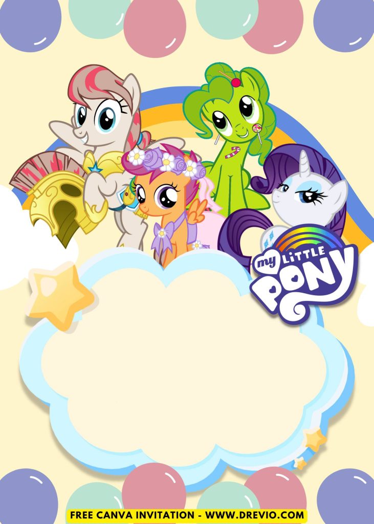 Free and Editable Rainbow Sparkle and Friends My Little Pony Invitation Templates Made in Canva. Customize Online for free