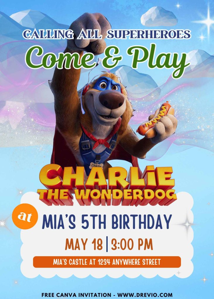 Free and Editable Awesome Charlie The Wonderdog Invitation Templates Made in Canva. Customize Online for free