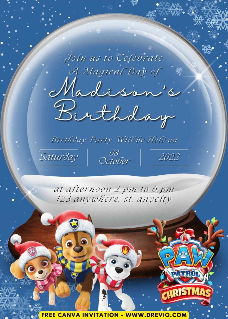Free and Editable Cute PAW Patrol Christmas Special Invitation Templates Made in Canva. Customize Online for free
