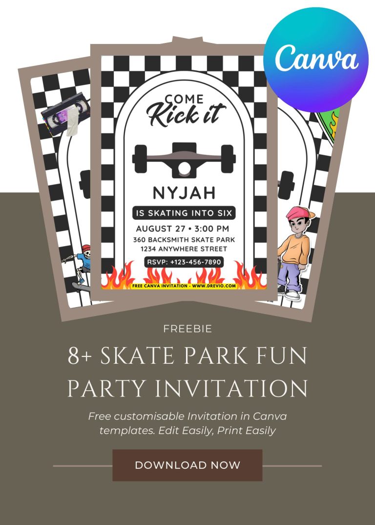 Free and Editable Fun Skateboard Invitation Templates Made in Canva. Customize Online for free