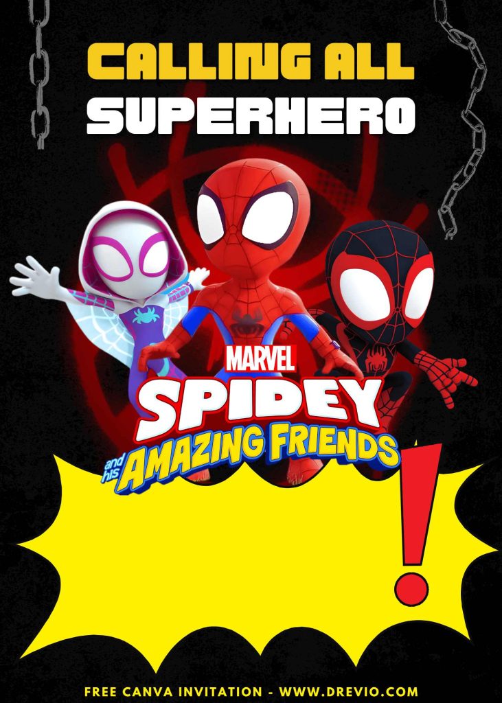 Free and Editable Awesome Spider-Man Miles Morales Spidey And Friends Party Invitation Templates Made in Canva. Customize Online for free