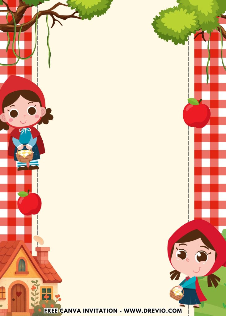 Free and Editable Cute Chibi Little Red Riding Hood Invitation Templates Made in Canva. Customize Online for free