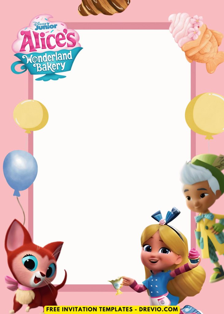 Free and Editable Lovely Alice in Wonderland Bakery Factory Invitation Templates Made in Canva. Customize Online for free