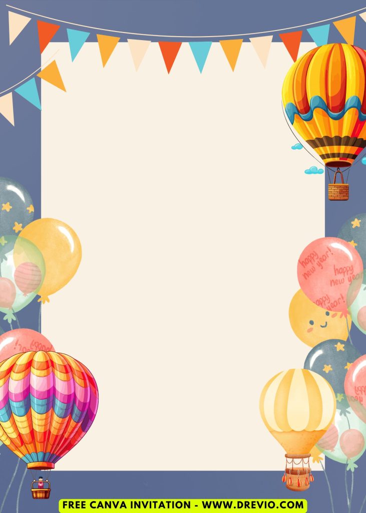 Free and Editable Lovely Hot Air Balloon Adventure Invitation Templates Made in Canva. Customize Online for free