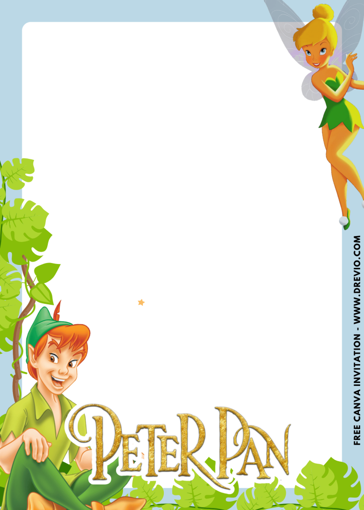 Free and Editable Cute Garden Peter Pan Neverland Invitation Templates Made in Canva. Customize Online for free