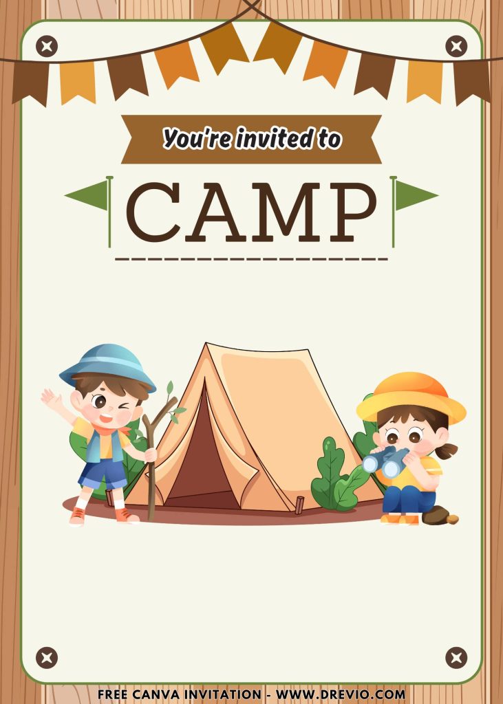 Free and Editable Chibi Cartoon Little Camper Summer Holiday Camp Invitation Templates Made in Canva. Customize Online for free
