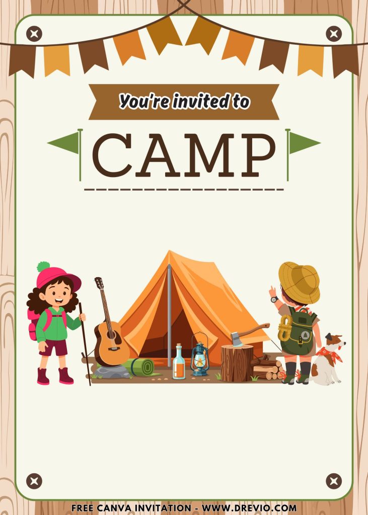 Free and Editable Cartoon Camping Kids Invitation Templates Made in Canva. Customize Online for free
