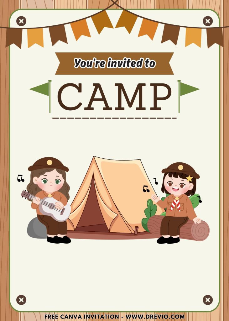Free and Editable Little Girl Camper playing guitar and singing a song Summer Holiday Camp Invitation Templates Made in Canva. Customize Online for free