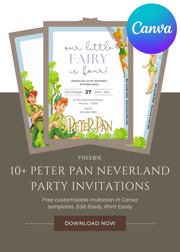 Free and Editable Magical Peter Pan Neverland Invitation Templates Made in Canva. Customize Online for free