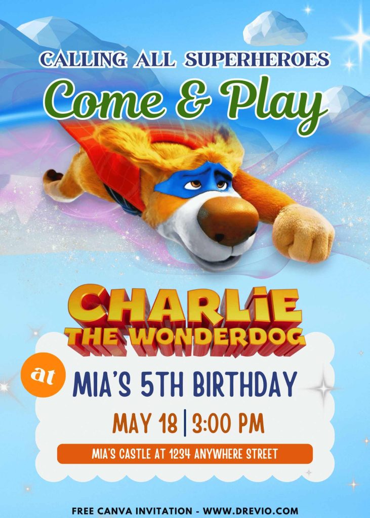 Free and Editable Epic FREE Charlie The Wonderdog Invitation Templates Made in Canva. Customize Online for free