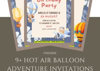 Free and Editable Watercolor Floral Hot Air Balloon Invitation Templates Made in Canva. Customize Online for free