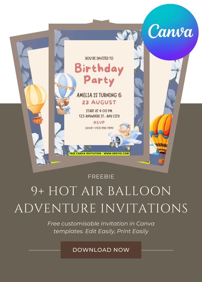 Free and Editable Watercolor Floral Hot Air Balloon Invitation Templates Made in Canva. Customize Online for free